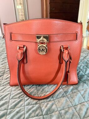 Michael Kors Coral-Orange Leather Satchel with Gold MK Lock